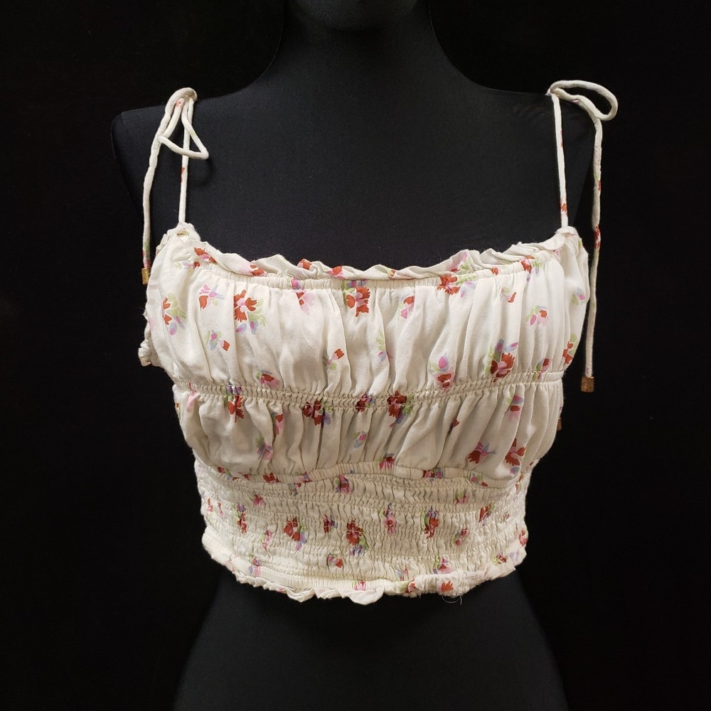 Free People Womens Kaia Coquette Milkmaid Smocked Crop Top Size M Ivory Floral